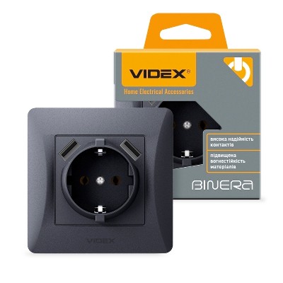 Розетка с заземлением и USB Videx Binera VF-BNSK1GU2-BG черный графит - Фото №1