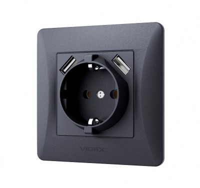 Розетка с заземлением и USB Videx Binera VF-BNSK1GU2-BG черный графит - Фото №2