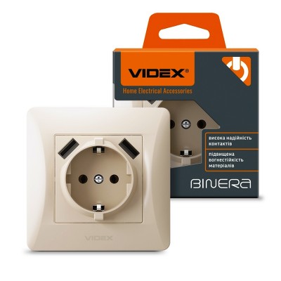 Розетка с заземлением и USB Videx Binera VF-BNSK1GU2-CR крем - Фото №1