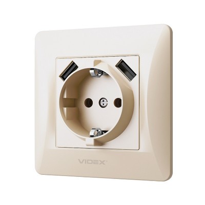 Розетка с заземлением и USB Videx Binera VF-BNSK1GU2-CR крем - Фото №2