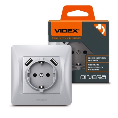 Розетка с заземлением и USB Videx Binera VF-BNSK1GU2-SS серебряный шелк - Фото №1