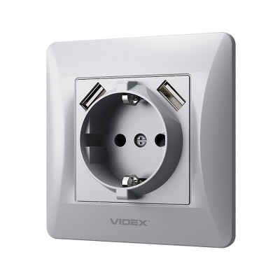 Розетка с заземлением и USB Videx Binera VF-BNSK1GU2-SS серебряный шелк - Фото №2