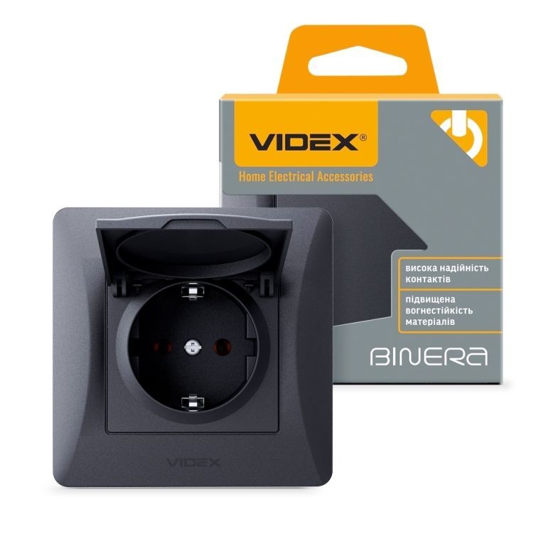 Розетка с заземлением и крышкой Videx Binera VF-BNSK1GС-BG черный графит - Фото №1