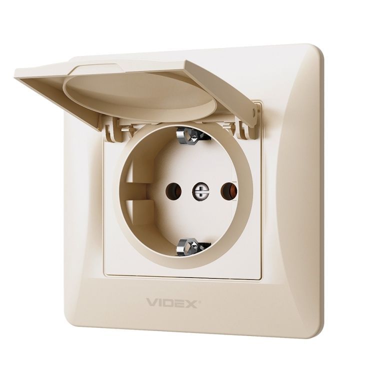 Розетка с заземлением и крышкой Videx Binera VF-BNSK1GС-CR крем - Фото №2