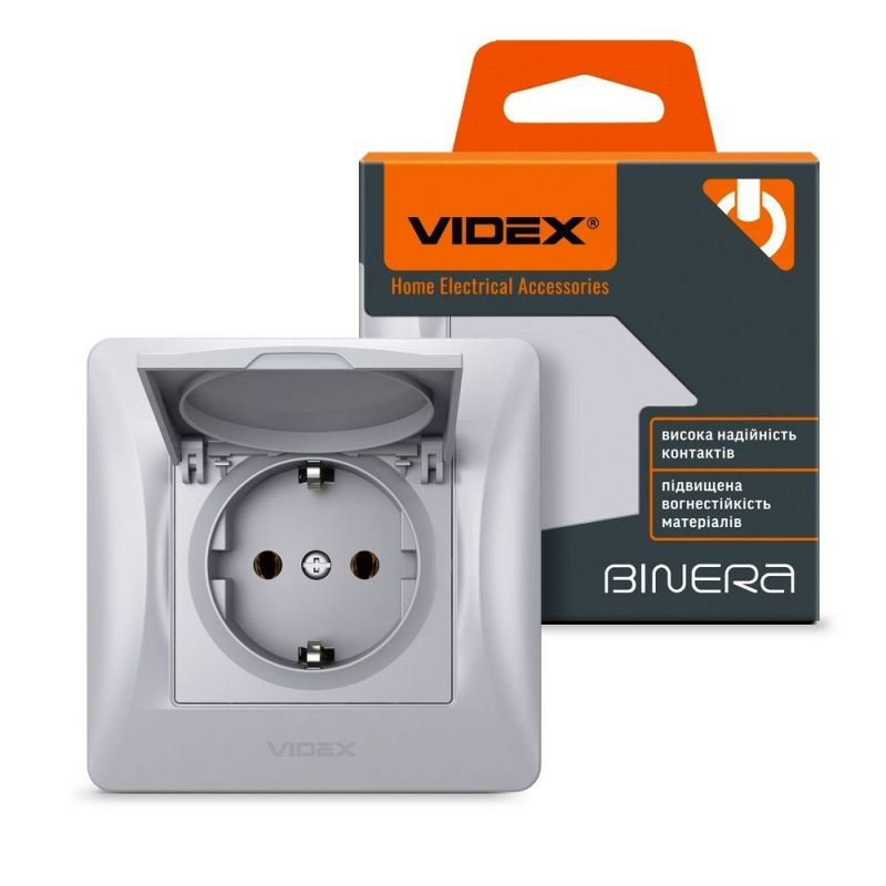 Розетка с заземлением и крышкой Videx Binera VF-BNSK1GС-SS серебряный шелк - Фото №1