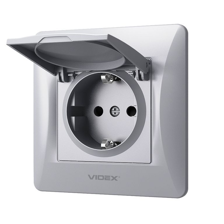 Розетка с заземлением и крышкой Videx Binera VF-BNSK1GС-SS серебряный шелк - Фото №2