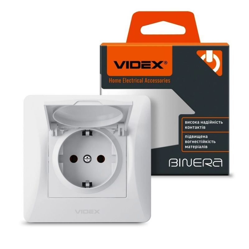 Розетка с заземлением и крышкой Videx Binera VF-BNSK1GС-W белый - Фото №1