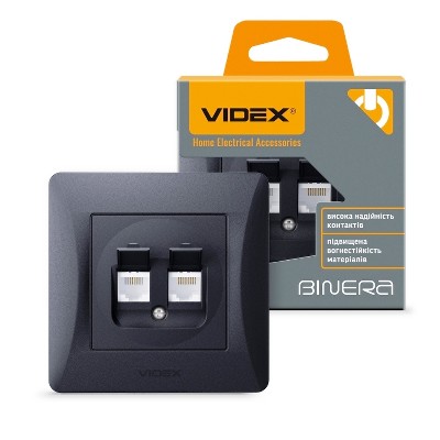 Розетка компьютерная+телефон CAT6+CAT3 Videx Binera VF-BNSK2PC6TF3-BG черный графит - Фото №1