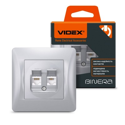 Розетка компьютерная+телефон CAT6+CAT3 Videx Binera VF-BNSK2PC6TF3-SS серебряный шелк - Фото №1