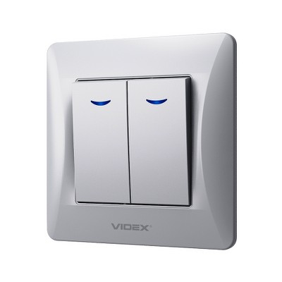 Выключатель двухклавишный с подсветкой Videx Binera VF-BNSW2L-SS серебряный шелк - Фото №2