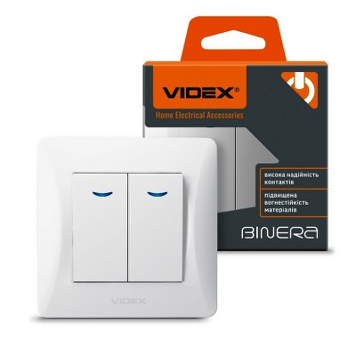 Выключатель двухклавишный с подсветкой Videx Binera VF-BNSW2L-W белый - Фото №1