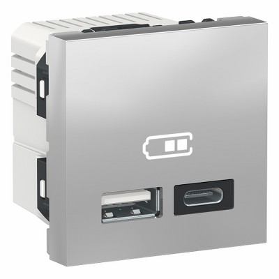 Розетка двойная USB 2.0 2,4A тип A + C, 2 модуля Unica NEW Schneider NU301830 алюминий