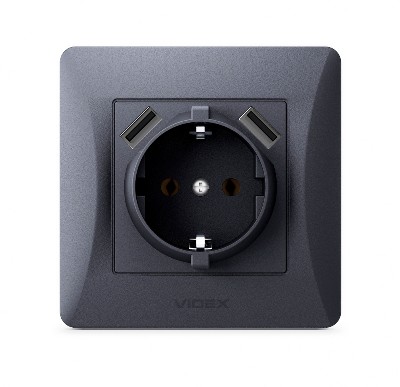Розетка с заземлением и USB Videx Binera VF-BNSK1GU2-BG черный графит