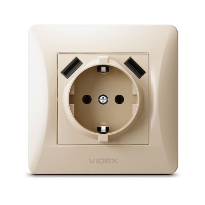Розетка с заземлением и USB Videx Binera VF-BNSK1GU2-CR крем