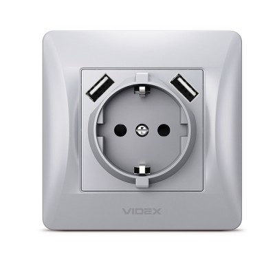 Розетка с заземлением и USB Videx Binera VF-BNSK1GU2-SS серебряный шелк